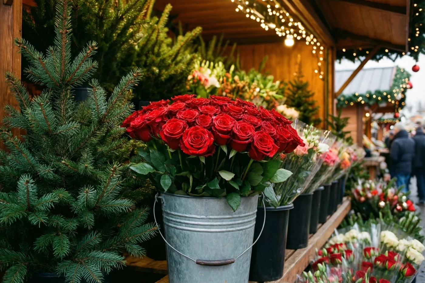 Een grote emmer rode rozen staat naast groene dennentakken bij een houten kerstmarktkraam onder warme lichtslingers.