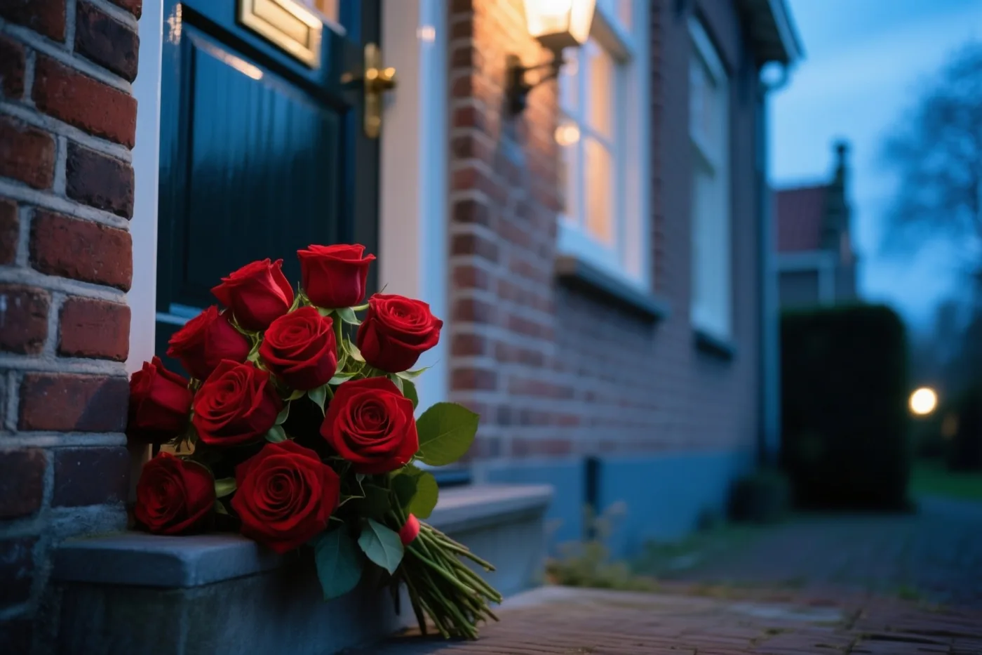 Een boeket rode rozen ligt bij schemering op de stenen drempel van een Vlaams bakstenen huis, met warm licht achter de ramen en een straatlamp op de achtergrond.
