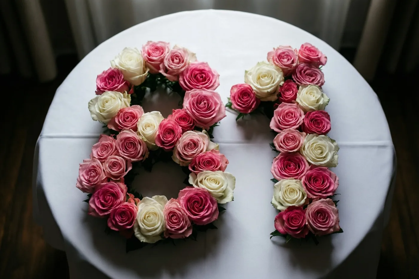 Roze en witte rozen vormen het getal 81 op een wit tafelkleed binnenshuis, van bovenaf gezien bij zachte verlichting.