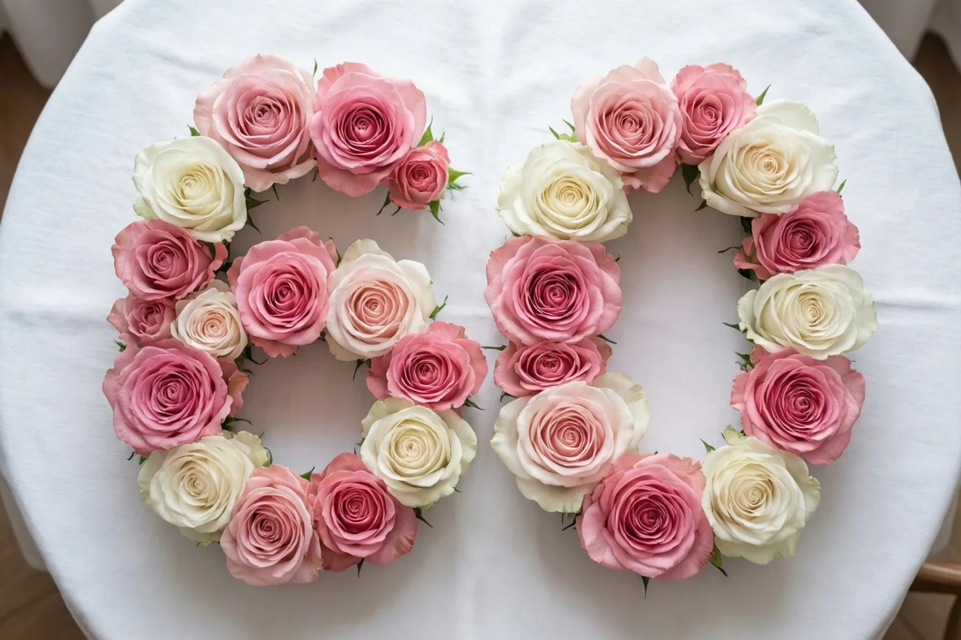 Van bovenaf is het getal 60 te zien, gelegd met roze en witte rozen op een wit tafelkleed.