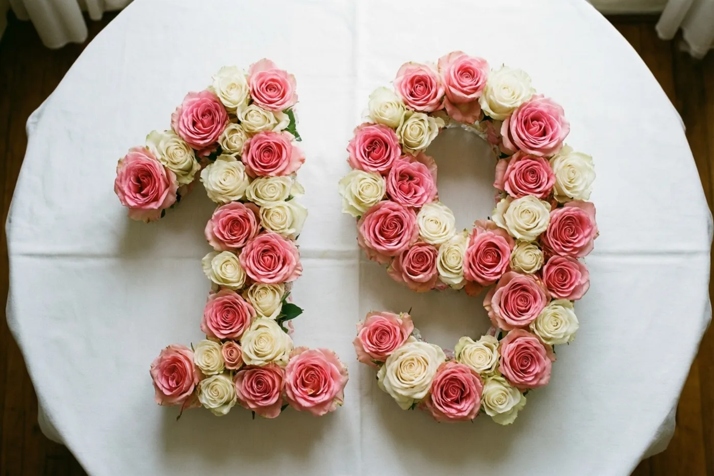 Roze en witte rozen liggen binnen in de vorm van 19 op een wit tafelkleed, van bovenaf gezien in zacht daglicht.