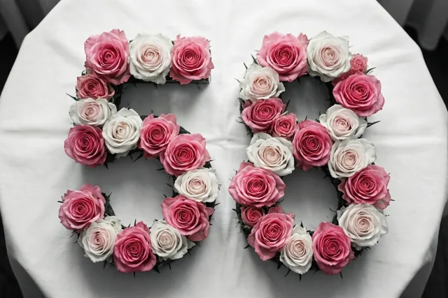 Van bovenaf is het getal 58 te zien, gelegd met roze en witte rozen op een wit tafelkleed.