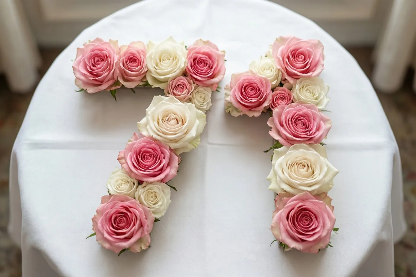 Van bovenaf zijn roze en witte rozen te zien die samen 71 vormen op een wit tafelkleed.