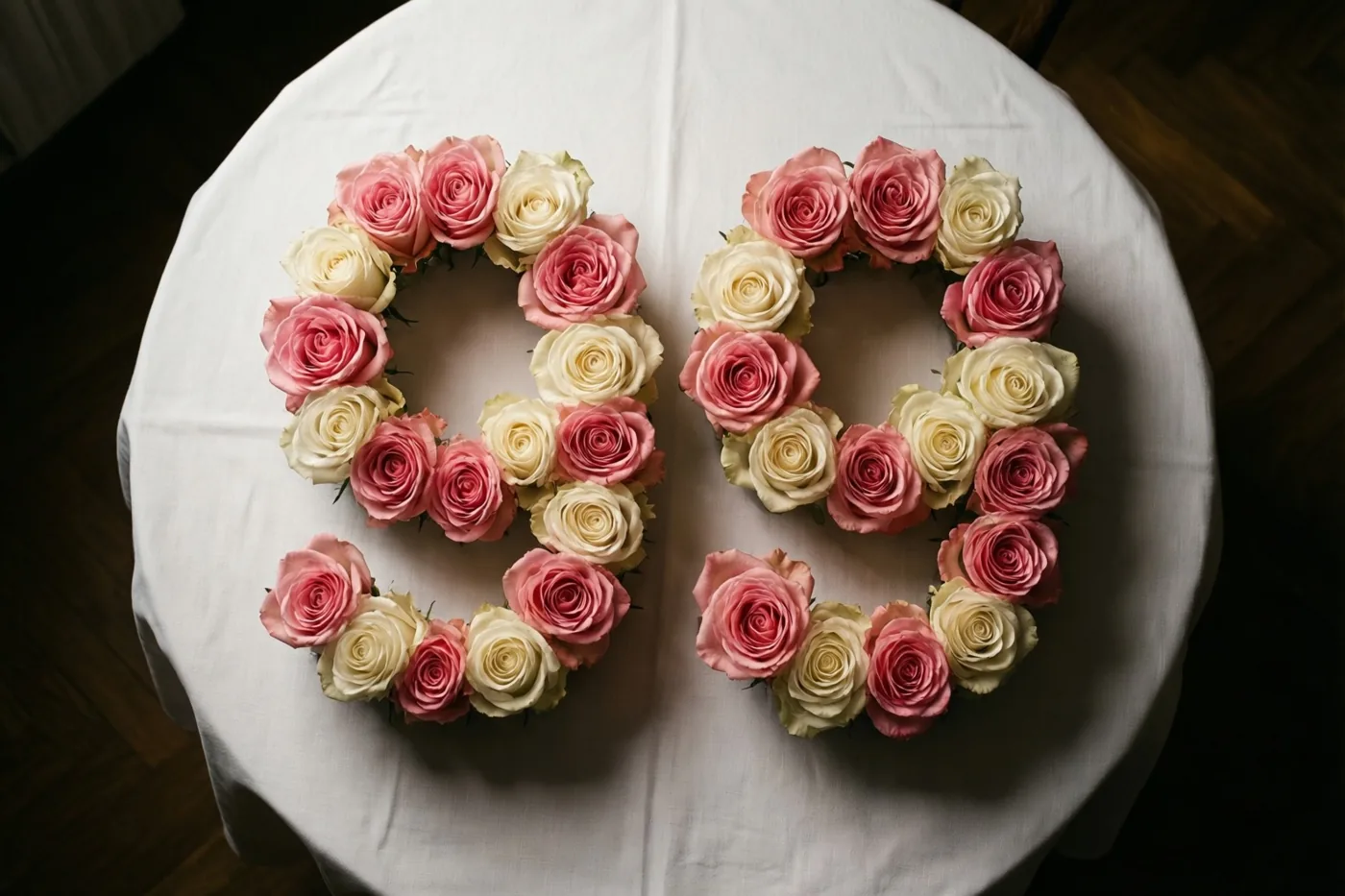 Van bovenaf zijn roze en witte rozen te zien die het getal 99 vormen op een wit tafelkleed in warm binnenlicht.