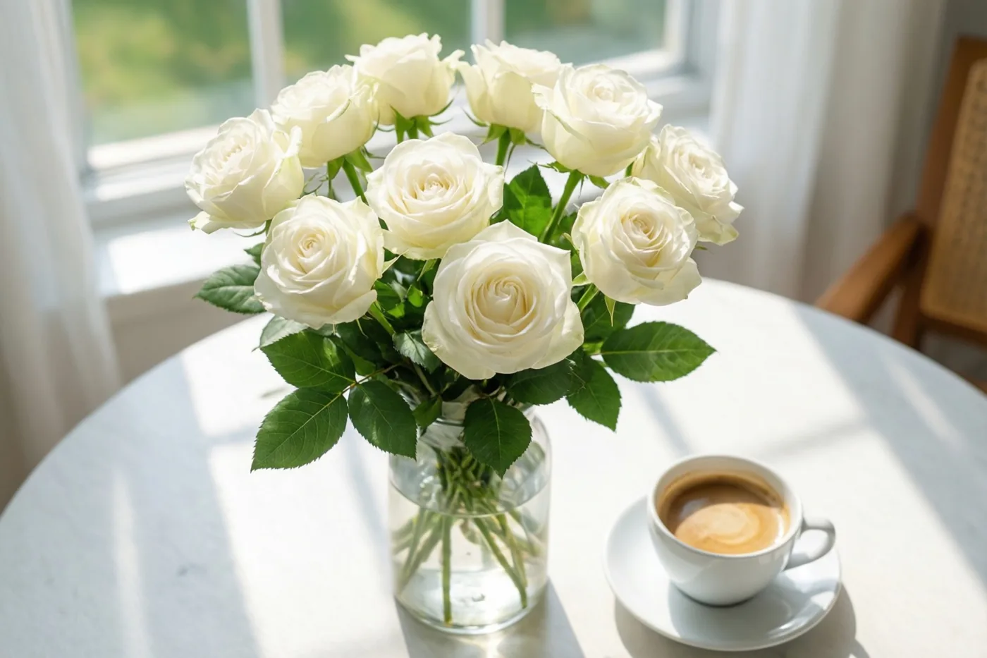 Witte rozen in een doorzichtige glazen vaas staan naast een wit koffiekopje op een ronde witte tafel in het zonlicht van een nabijgelegen raam.