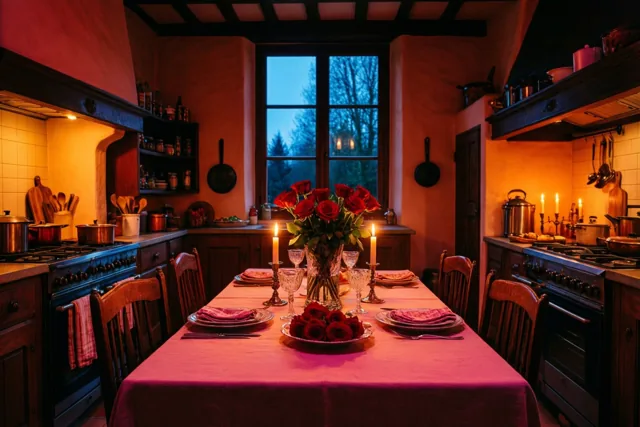 In een warm verlichte Vlaamse hoevekeuken staat een lange eettafel gedekt voor twee met rode rozen, kaarsen en roze tafellinnen, in gouden en rode tinten.