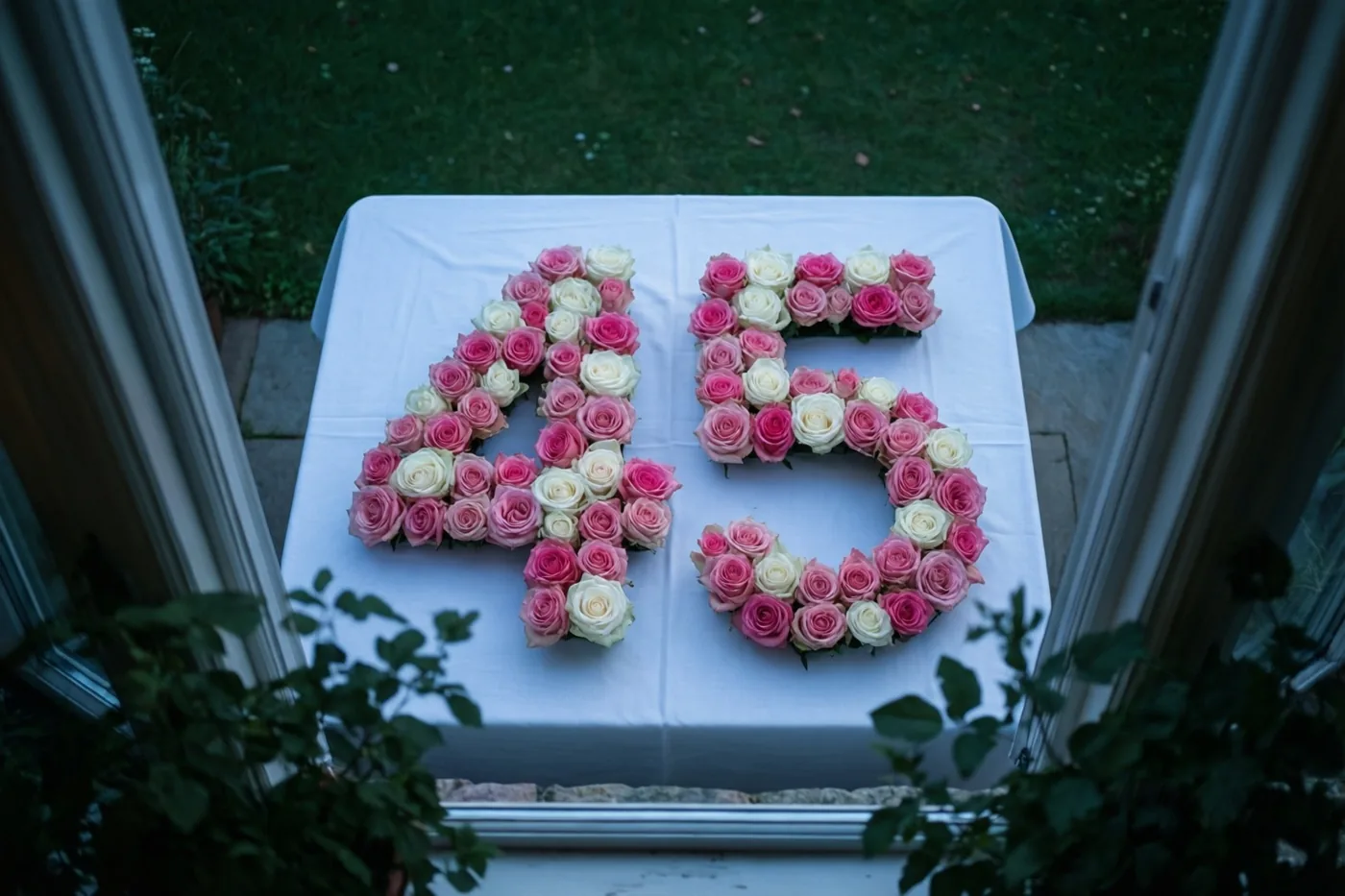 Roze en witte rozen vormen 45 op een wit tafelkleed, van bovenaf gezien met raamwerk en groen rondom en een tuin op de achtergrond.