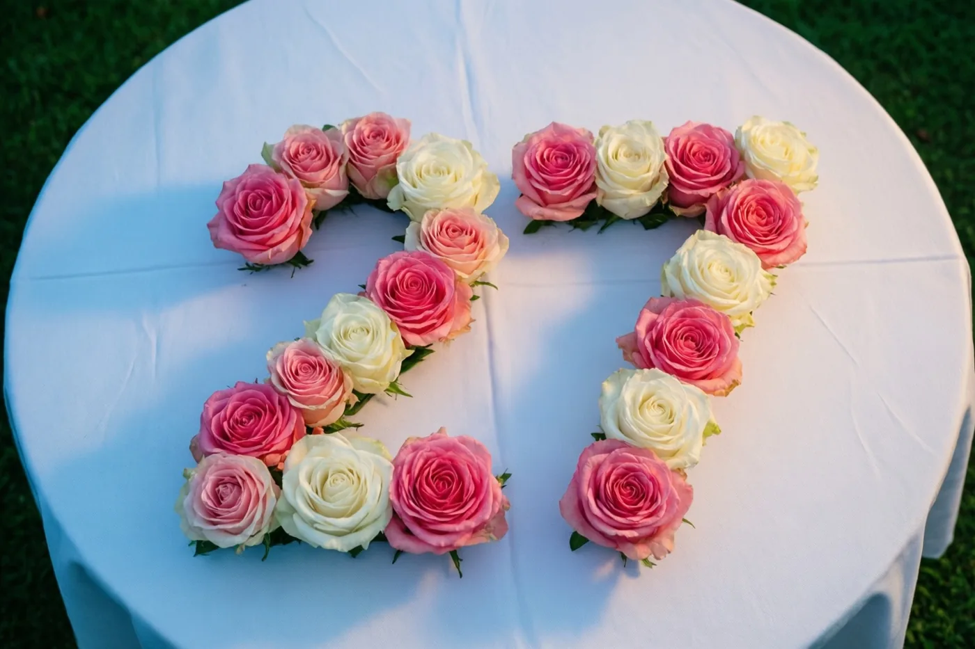 Roze en witte rozen vormen het getal 27 op een wit tafelkleed buiten op het gras, van bovenaf gezien.