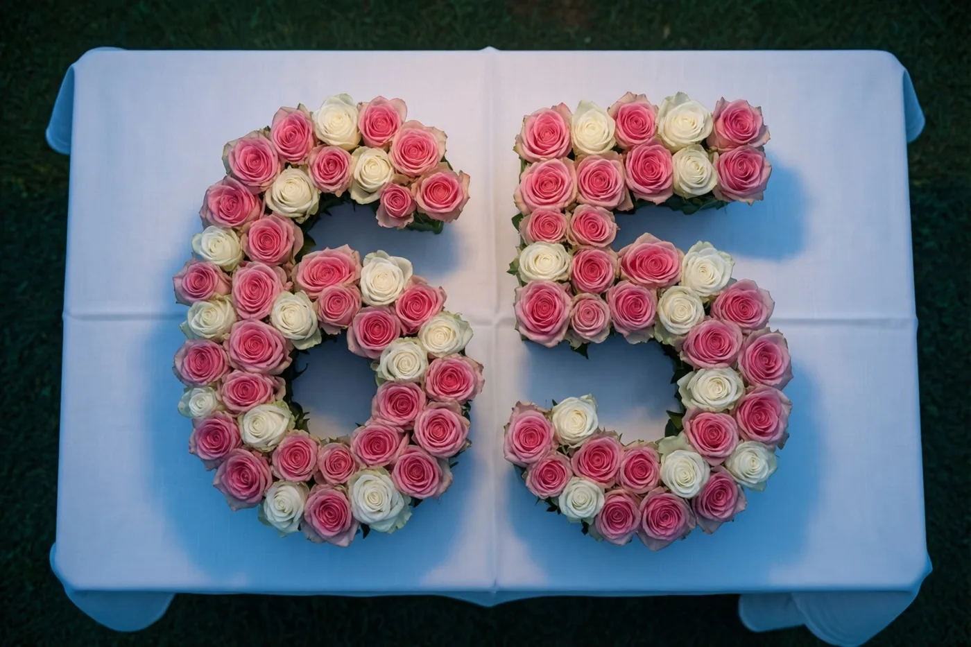Roze en witte rozen vormen 65 op een wit tafelkleed op het gras, van bovenaf gezien in zacht licht.