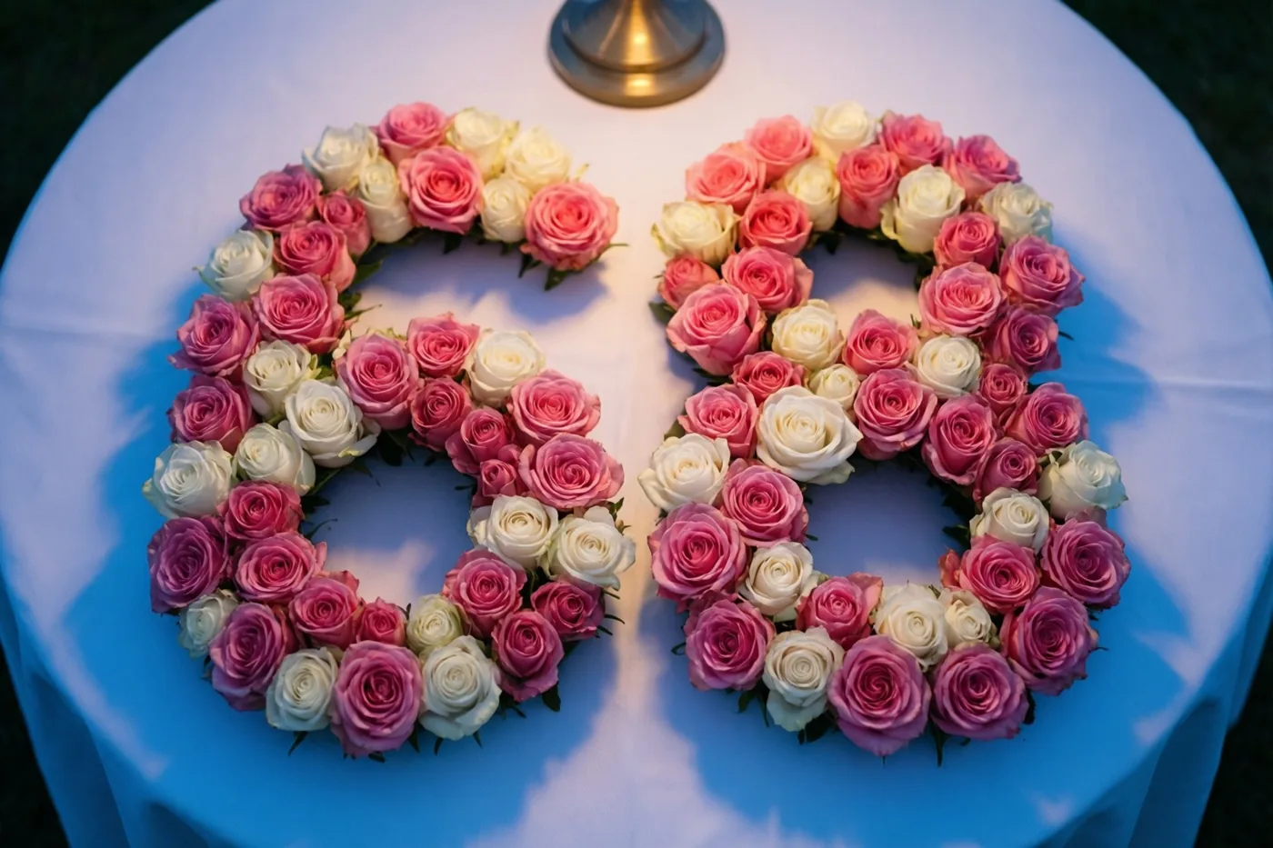 Van bovenaf is het getal 68 te zien, gevormd door roze en witte rozen op een wit tafelkleed buiten, met zachte schaduwen.