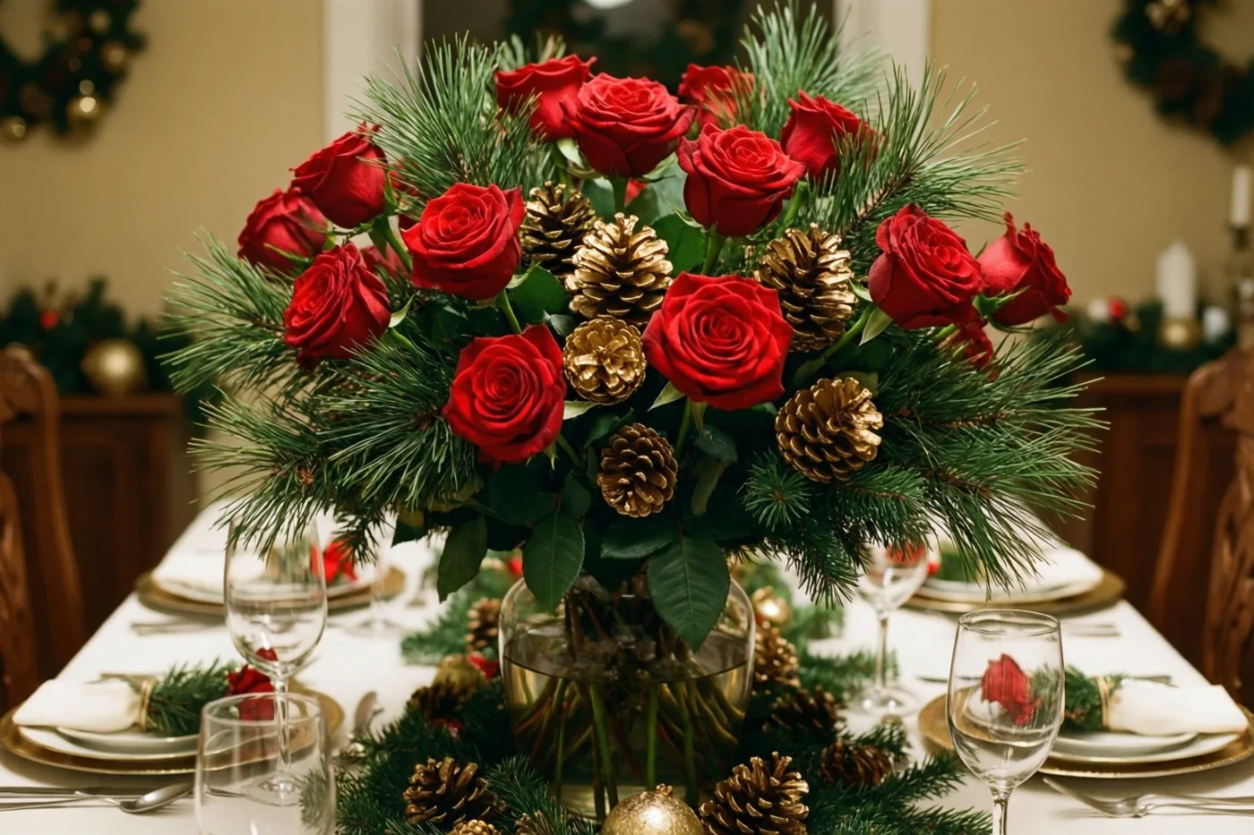 Een kersttafel met wit tafellinnen en borden met gouden randen draagt een glazen vaas met rode rozen, dennentakken en vergulde dennenappels, met bijpassende rozen en dennenappels op tafel.
