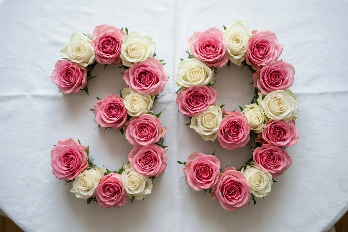 Roze en witte rozen vormen het getal 39 op een wit tafelkleed, recht van boven gezien.