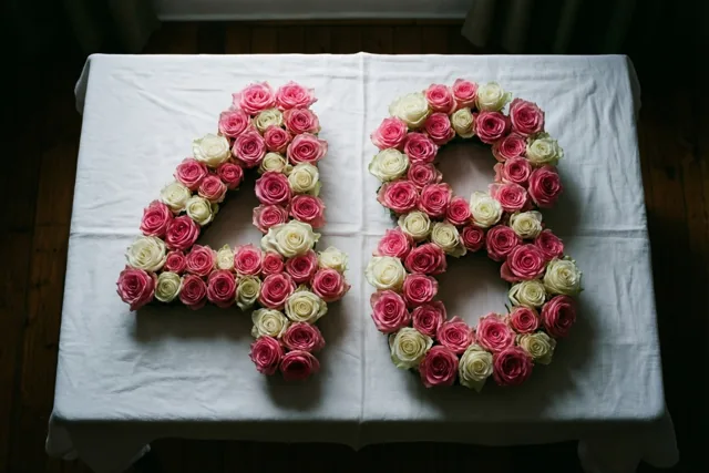 Van bovenaf is het getal 48 van roze en witte rozen op een wit tafelkleed te zien, met een houten vloer eromheen en zacht daglicht.