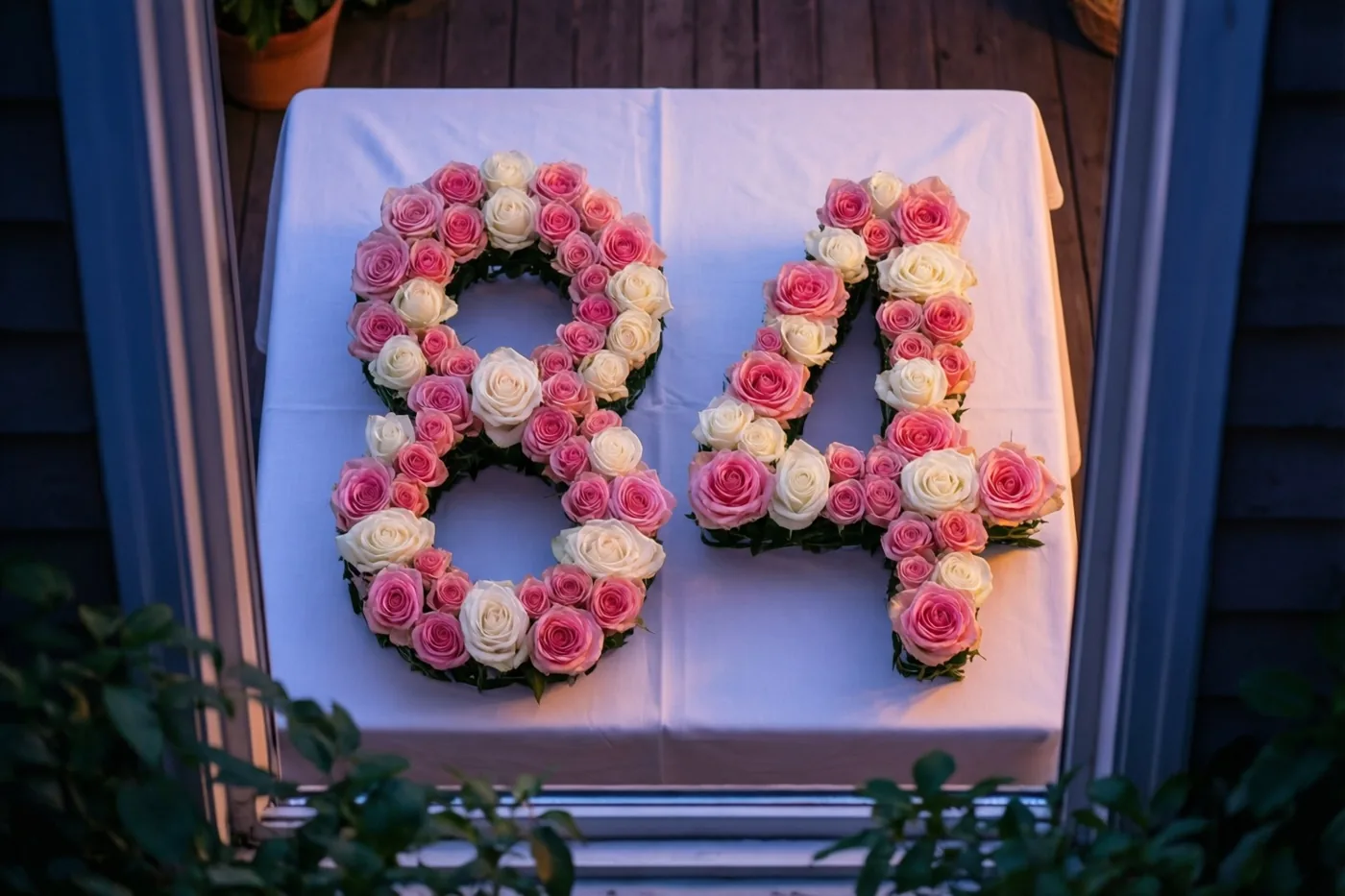 Roze en witte rozen vormen 84 op een wit tafelkleed, van bovenaf gezien en omlijst door een raam- of deuropening met groen onderaan.