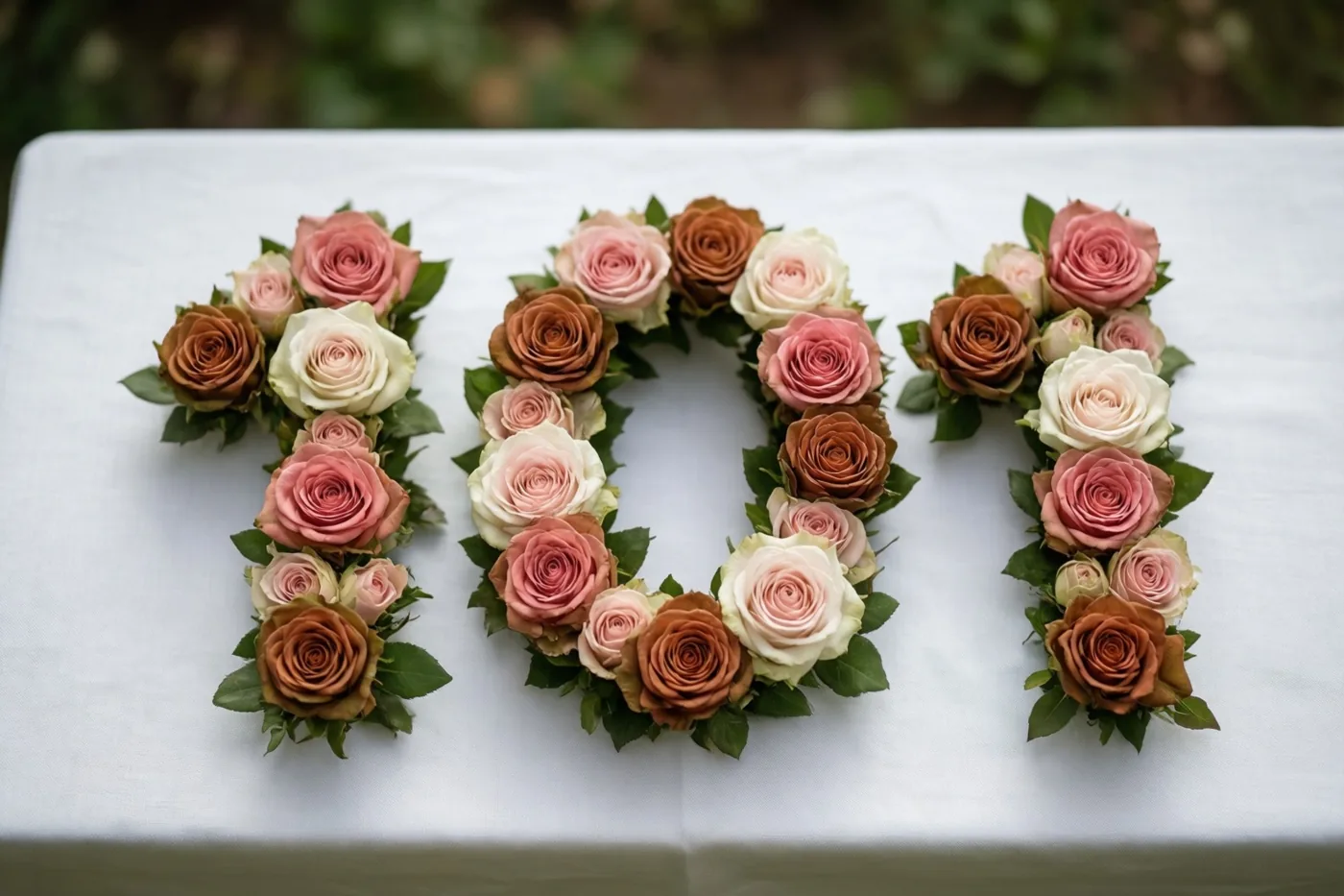 Van bovenaf zie je roze en witte rozen die samen 101 vormen op een wit tafelkleed, met een natuurlijke buitenomgeving eromheen.