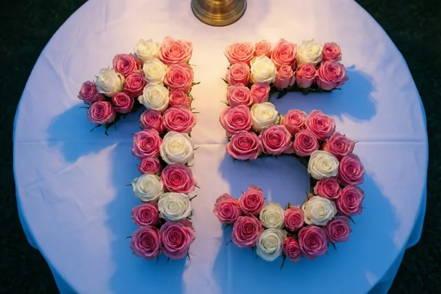 Roze en witte rozen vormen 15 op een wit tafelkleed op een donkergroene ondergrond buiten, van bovenaf gezien met zachte schaduwen.