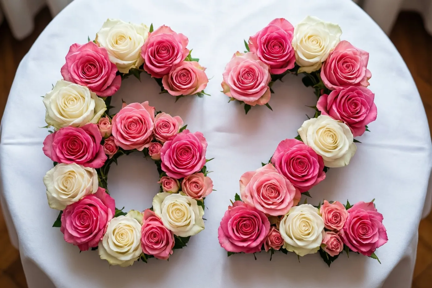 Roze en witte rozen vormen het getal 62 op een wit tafellaken, recht van boven gezien.