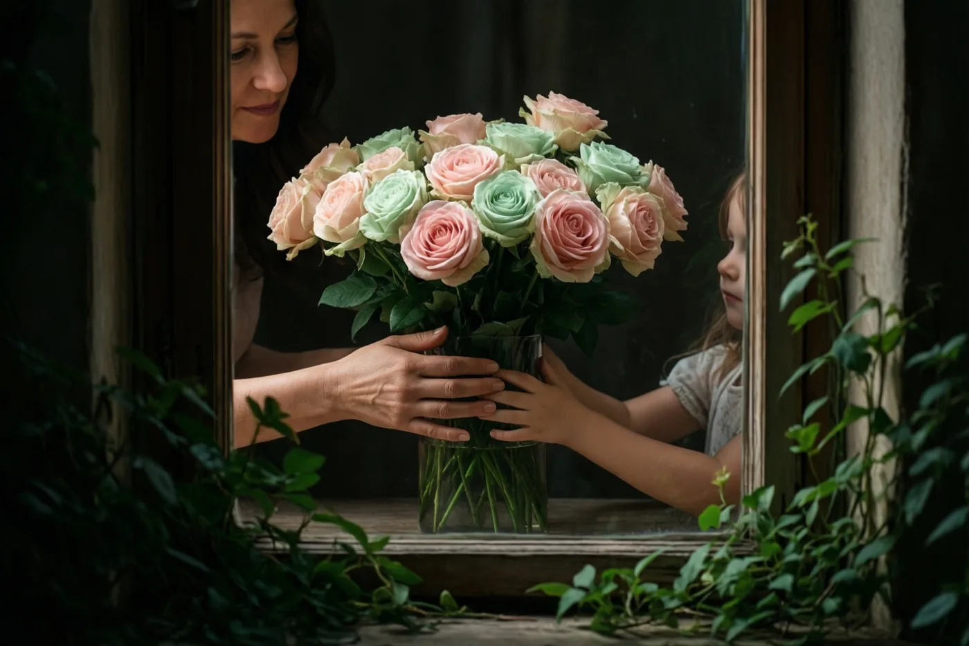 Door een raam zijn een moeder en kind te zien die samen roze en mintgroene rozen in een doorzichtige vaas op de vensterbank schikken, met groen blad rond het raam.