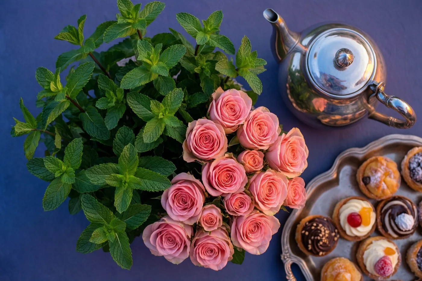 Van bovenaf zijn roze rozen en verse muntblaadjes te zien naast een zilveren theepot en een schaal met verschillende gebakjes op een diepblauwe ondergrond.