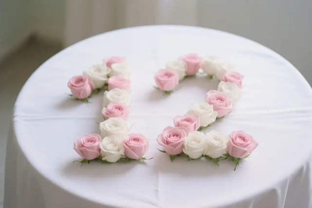 Roze en witte rozen vormen het getal 12 op een wit tafelkleed in zacht licht.
