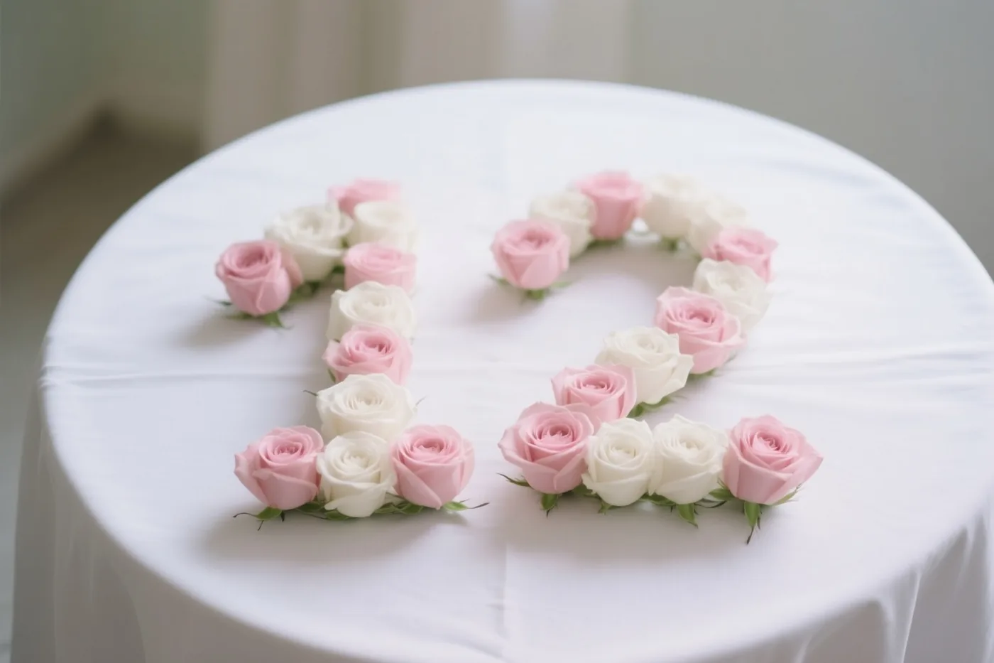 Roze en witte rozen vormen het getal 12 op een wit tafelkleed in zacht licht.