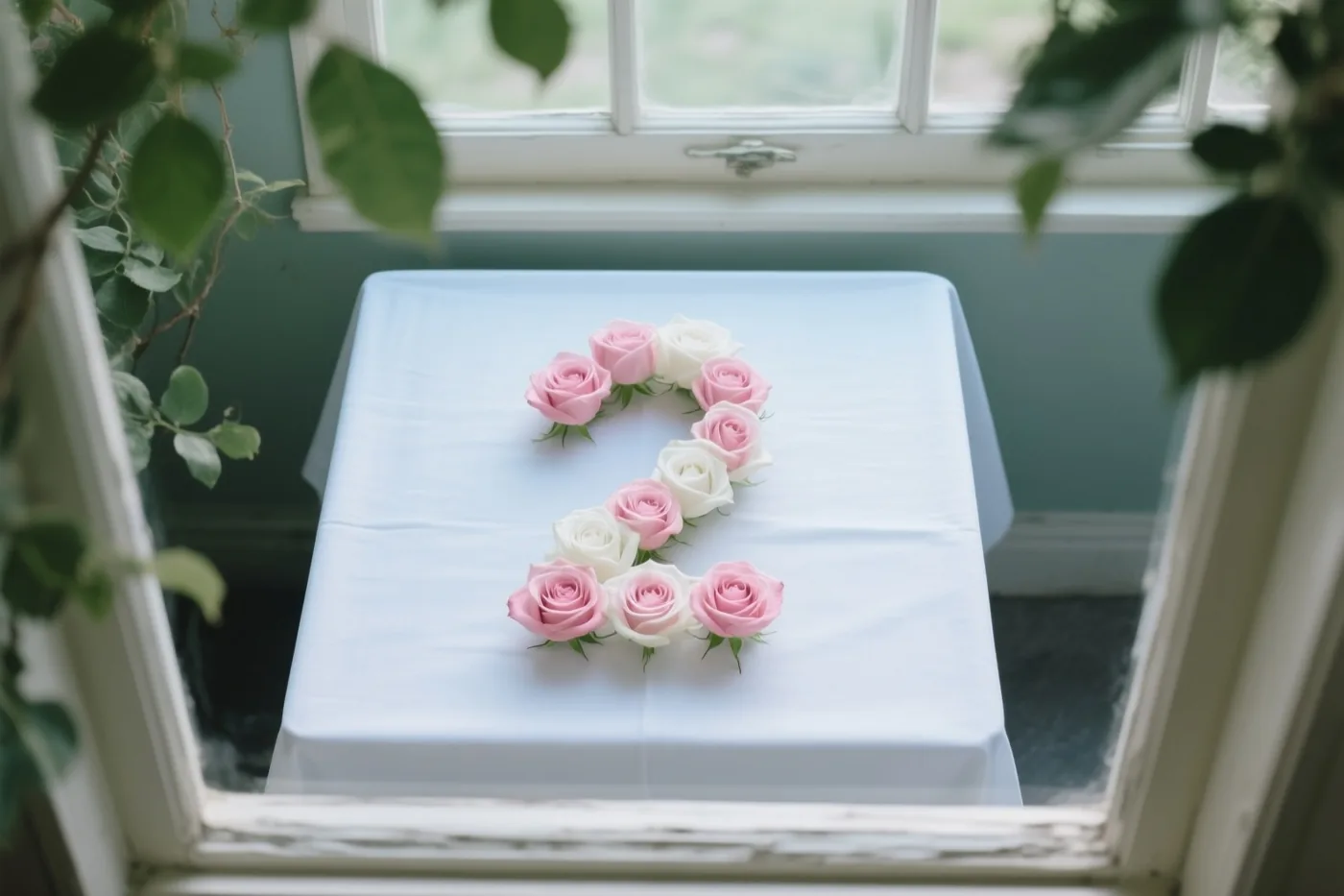 Roze en witte rozen vormen het cijfer 2 op een wit tafelkleed, van bovenaf gezien met een raam, groene bladeren en een lichtblauwe muur eromheen.