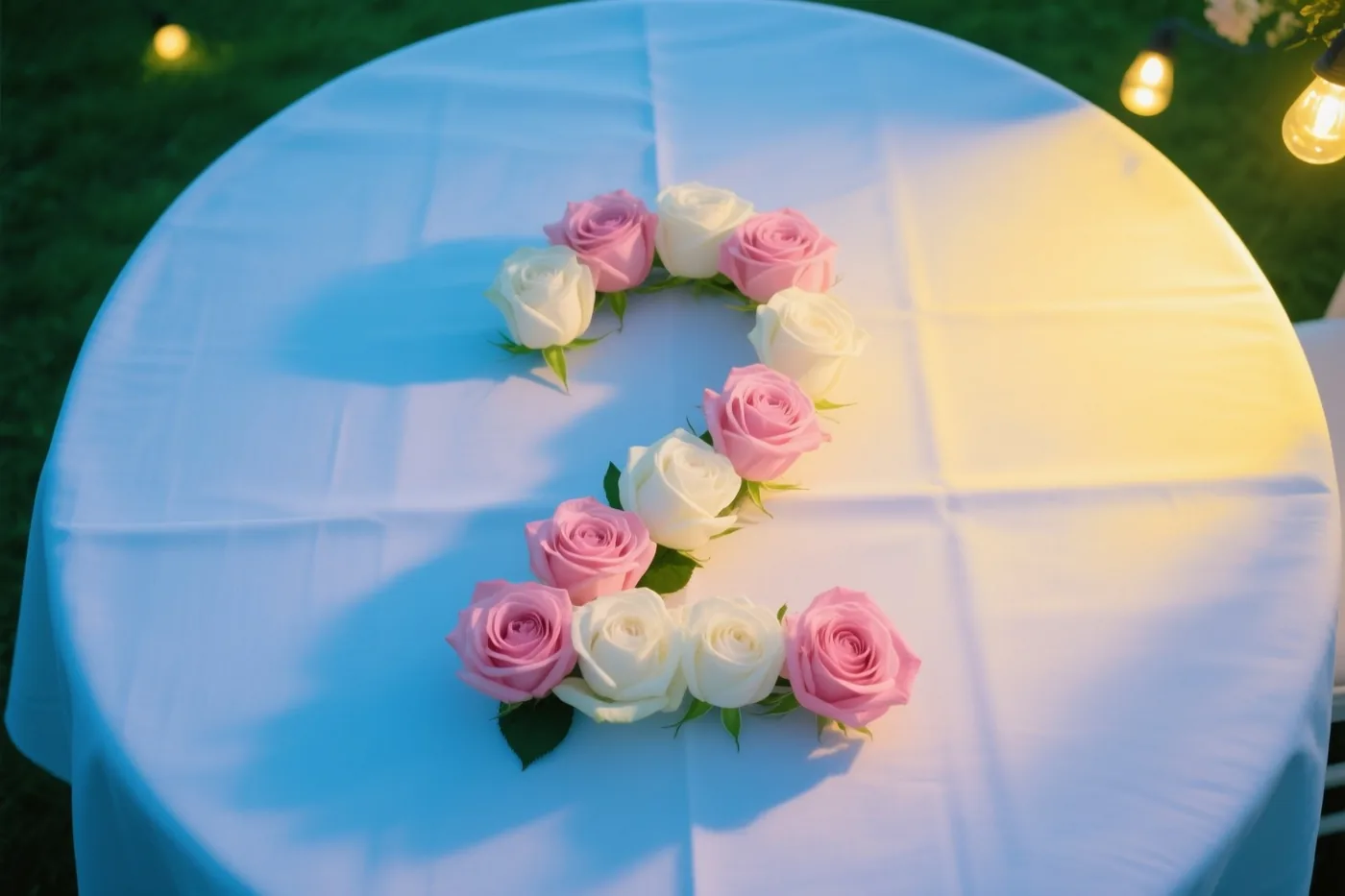 Van bovenaf zijn roze en witte rozen in de vorm van het cijfer 2 te zien op een wit tafelkleed, buiten op het gras met warme lichtslingers op de achtergrond.