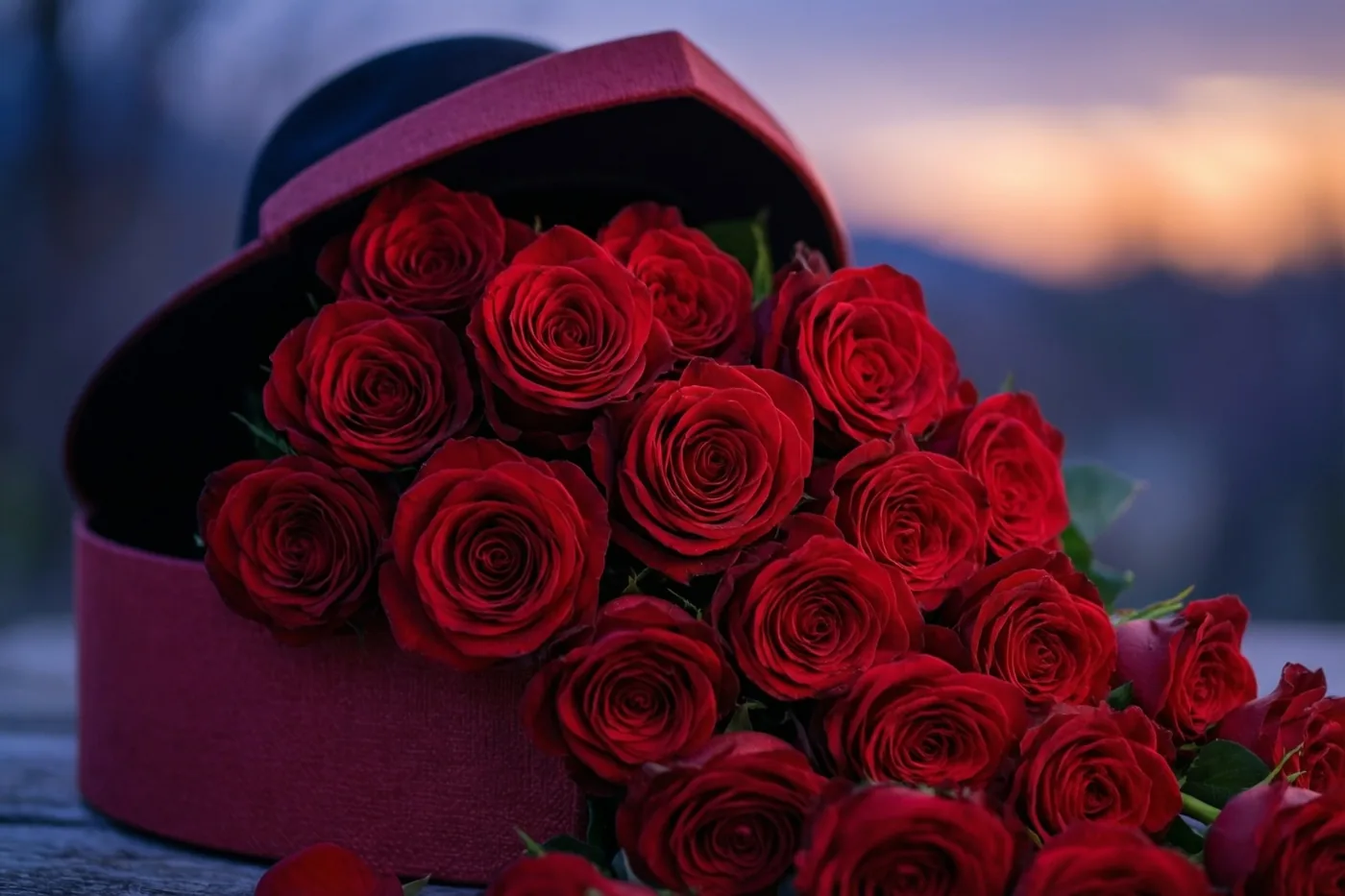 Rode rozen vallen uit een roze hoedendoos, met een onscherpe zonsondergang in rode en zachtpaarse tinten op de achtergrond.