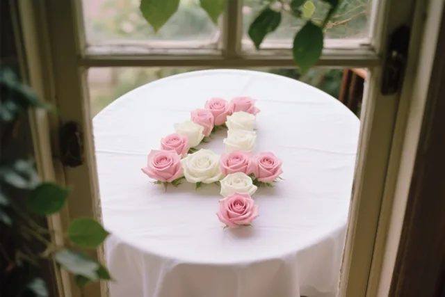 Van bovenaf is een cijfer 4 van roze en witte rozen te zien op een wit tafelkleed bij een raam met groen gebladerte.