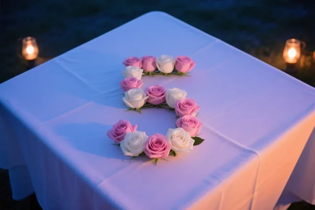 Van bovenaf is het cijfer 5 van roze en witte rozen te zien op een wit tafelkleed buiten in de schemering, met brandende kaarsen op de achtergrond.
