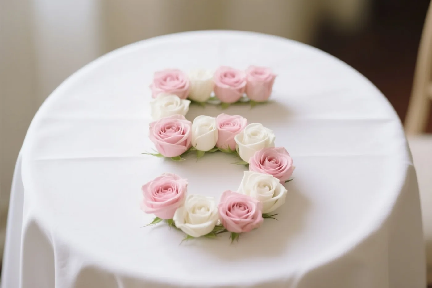 Van bovenaf is een cijfer 5 van roze en witte rozen te zien op een wit tafelkleed.