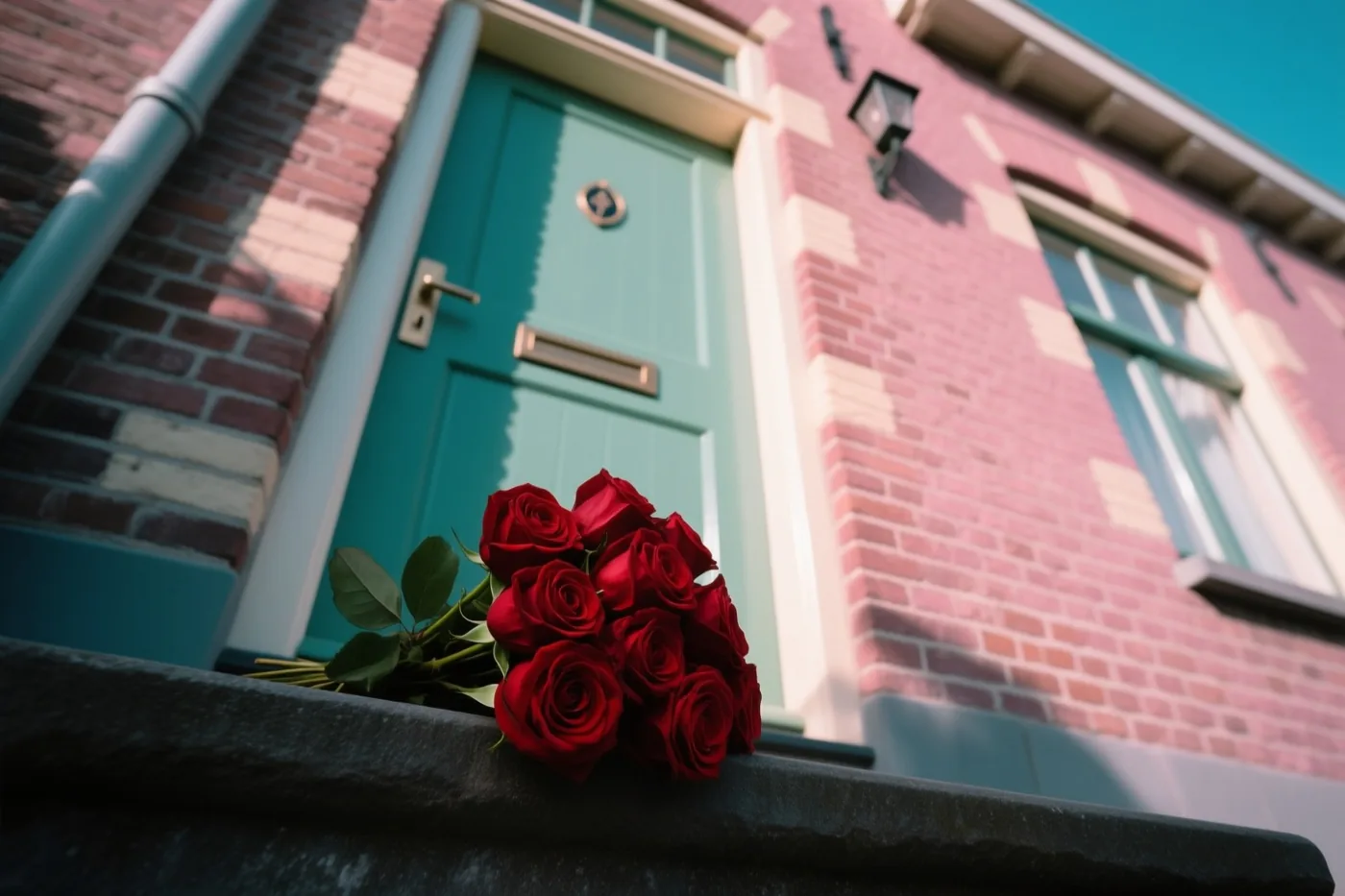 Een boeket felrode rozen ligt in de zon op de stenen drempel van een Vlaams bakstenen huis met een blauwgroene voordeur.