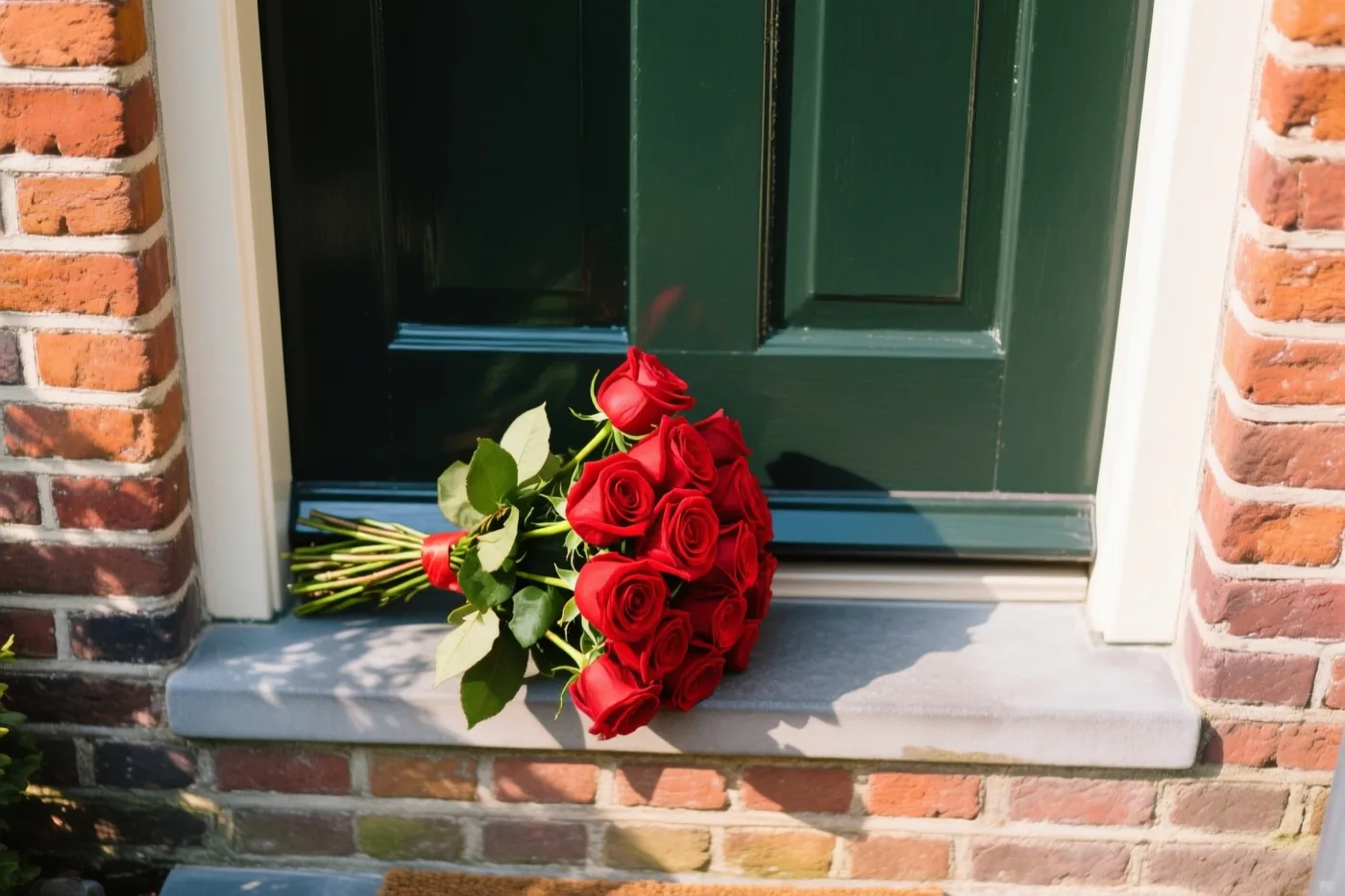 Een boeket felrode rozen ligt in warm zonlicht op de stenen drempel van een Vlaams bakstenen huis met een donkergroene deur.