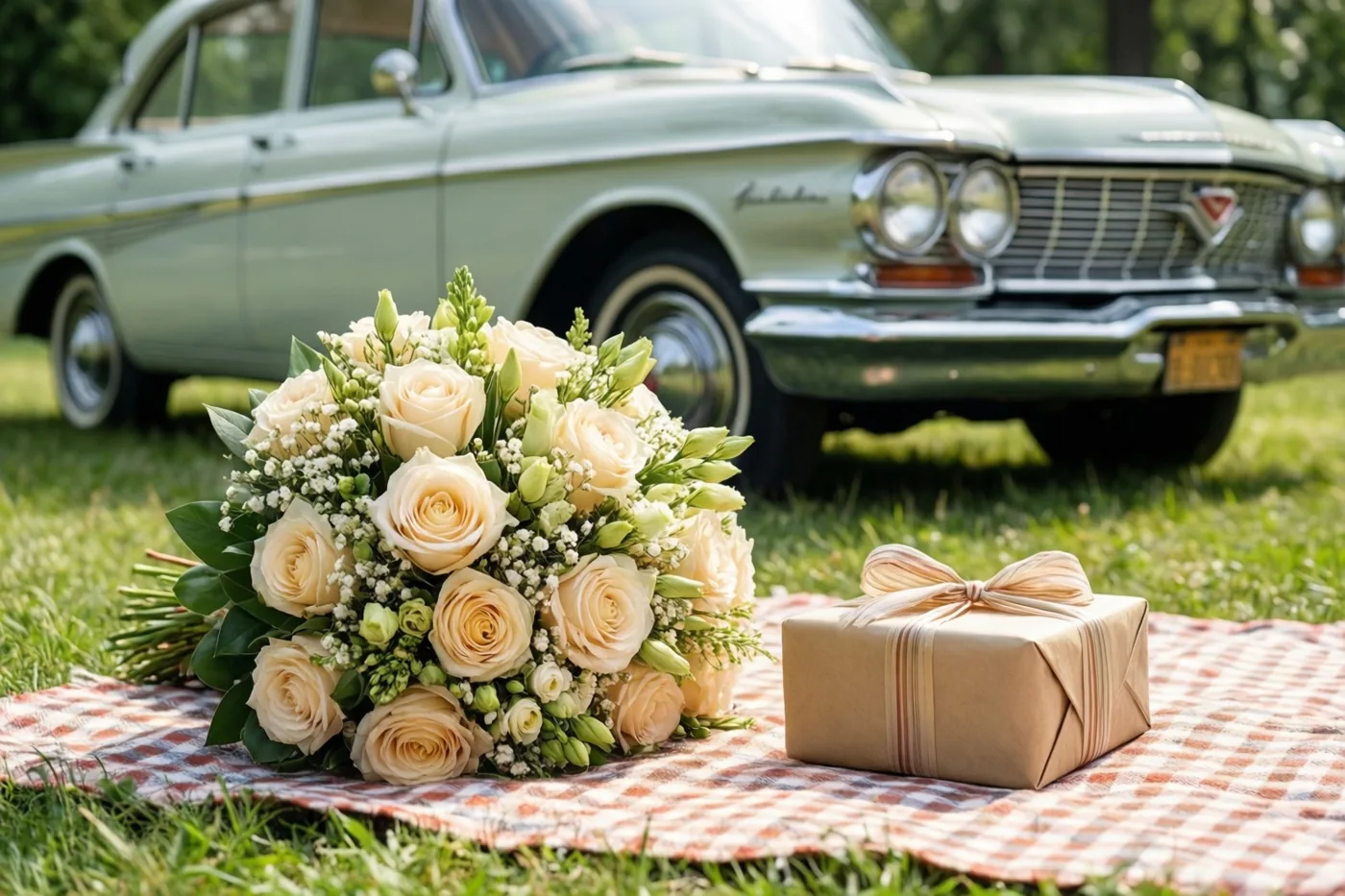 Een boeket crèmekleurige rozen en een ingepakt cadeau liggen op een rood-wit geruit picknickdeken op het gras, met een lichtgroene auto uit de jaren zestig erachter.