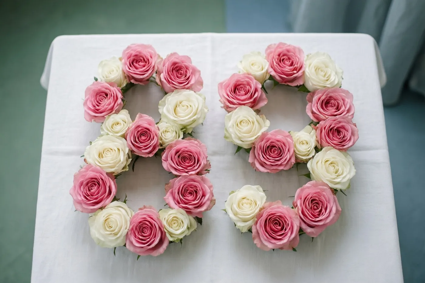 Het getal 89 ligt in roze en witte rozen op een wit tafelkleed, recht van boven gefotografeerd.