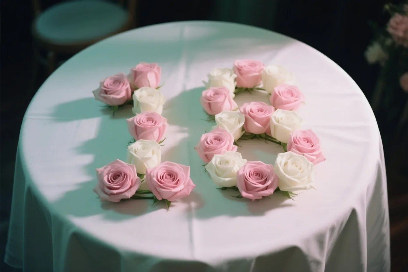 Roze en witte rozen liggen in de vorm van 18 op een wit tafelkleed, van bovenaf gezien in zacht licht.