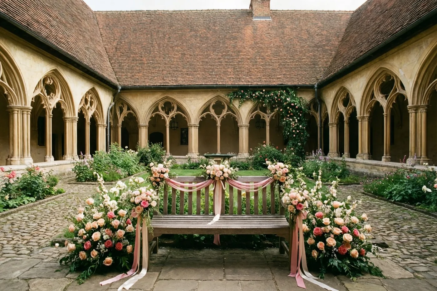 Een houten bank met roze en perzikkleurige rozen en linten staat in een met stenen geplaveide binnentuin met gotische bogen, groen en bloemen.