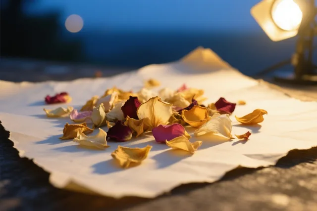 Gele, rode en roze gedroogde rozenblaadjes liggen op handgeschept papier in warm lamplicht, tegen een donkerblauwe schemerachtergrond.