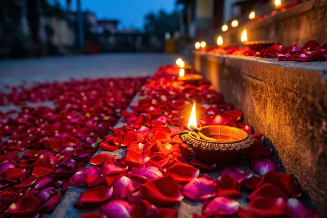 Rozen gloeien in de Diwaliavond