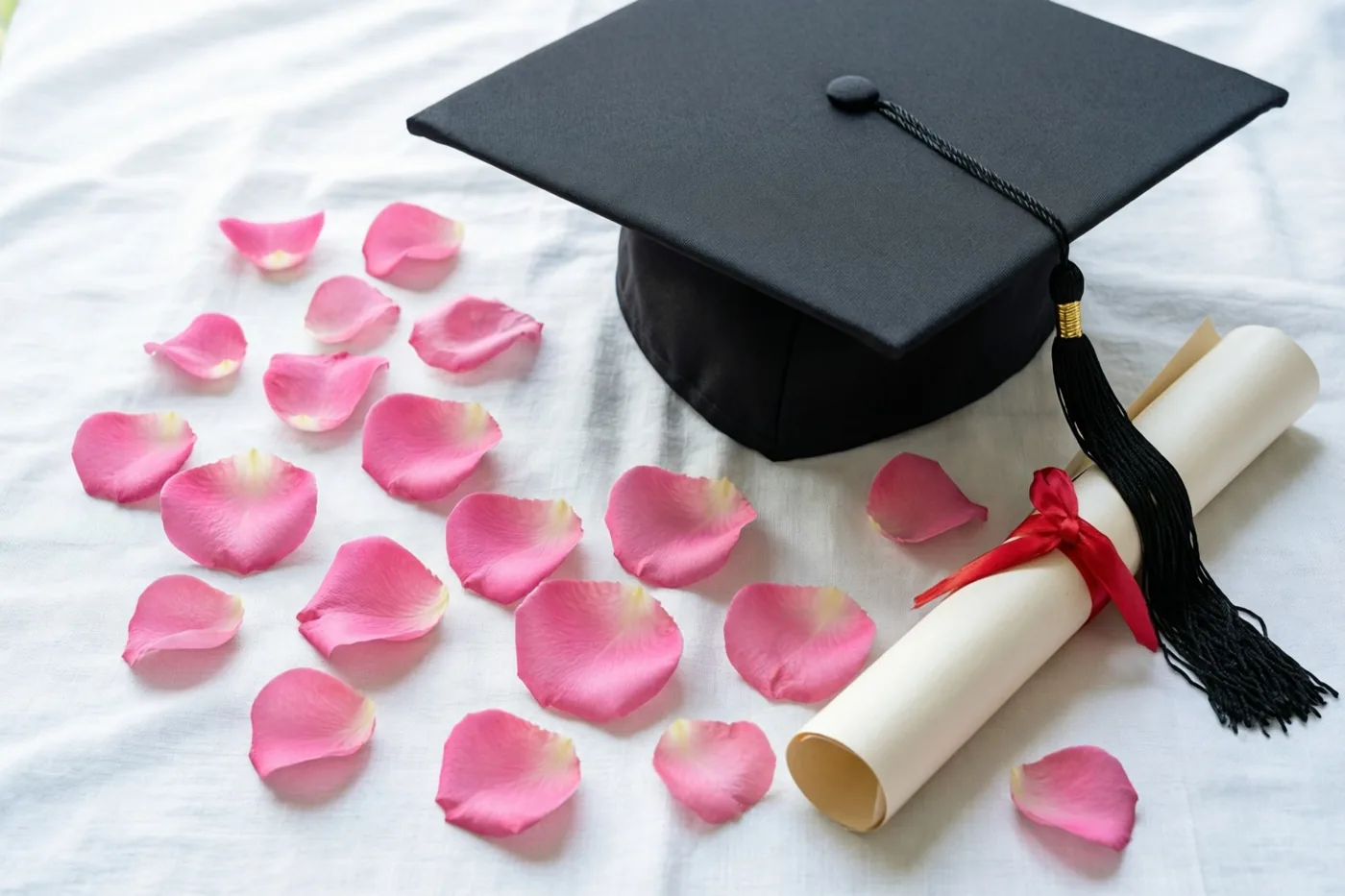 Een zwarte afstudeerhoed en een opgerold diploma met een rood lint liggen op wit linnen, omringd door roze rozenblaadjes in zacht helder licht.