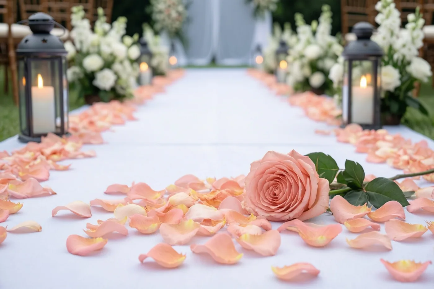 Een witte loper met perzikkleurige rozenblaadjes ligt buiten tussen zwarte lantaarns met brandende kaarsen, met witte bloemstukken op de achtergrond.