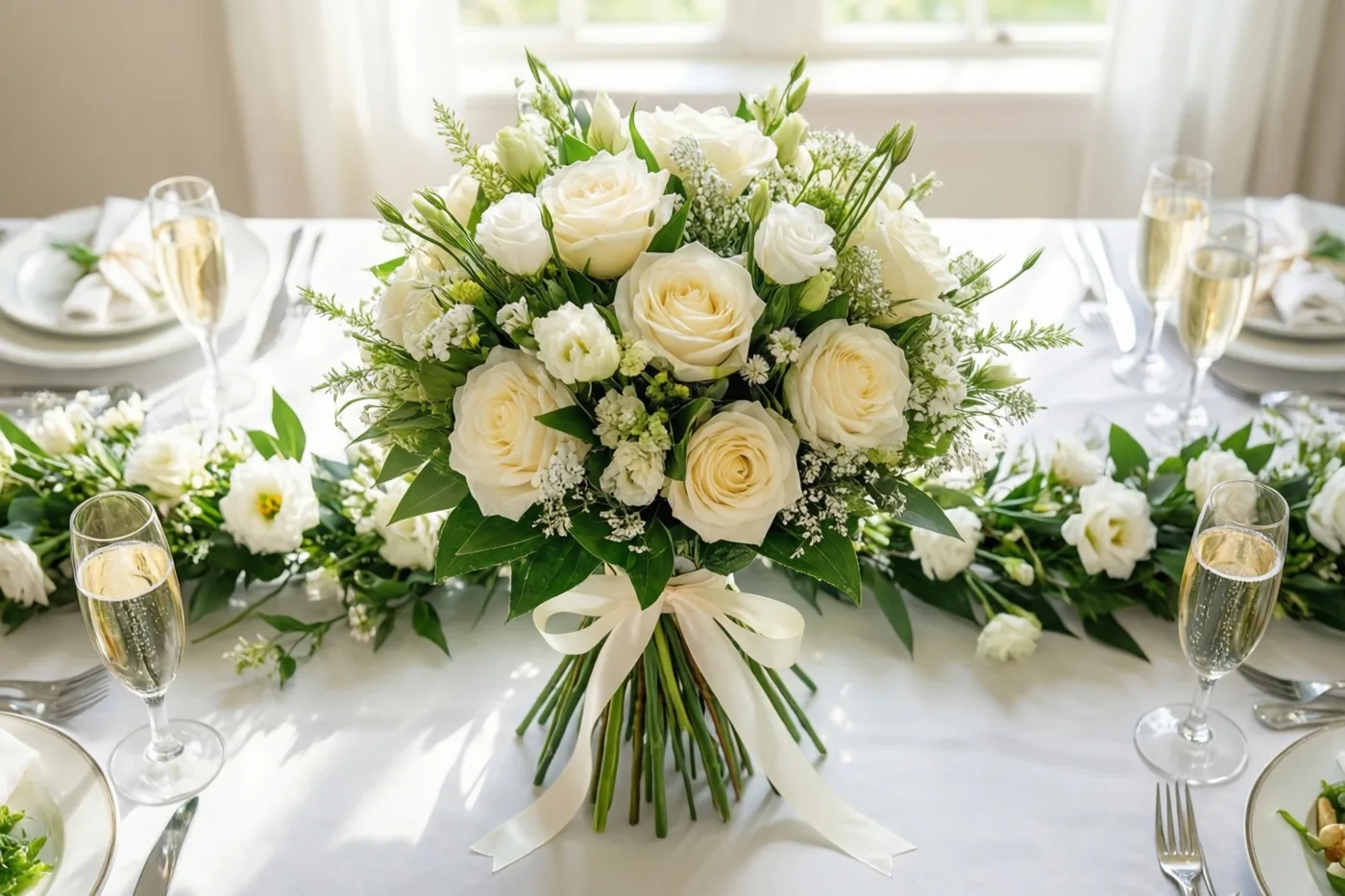 Een boeket rozen en groen met een wit lint staat midden op een feestelijk gedekte tafel met een bijpassende bloemenslinger en champagneglazen, in witte, groene en gouden tinten.