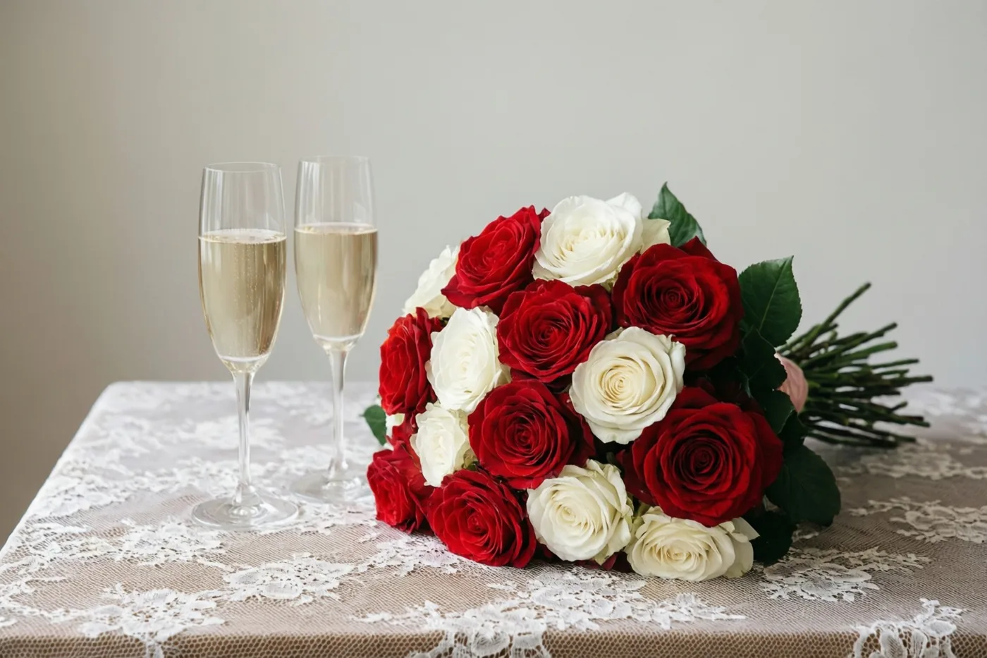 Een uitbundig boeket rode en witte rozen staat naast twee champagneglazen op een kanten tafelkleed tegen een effen achtergrond.