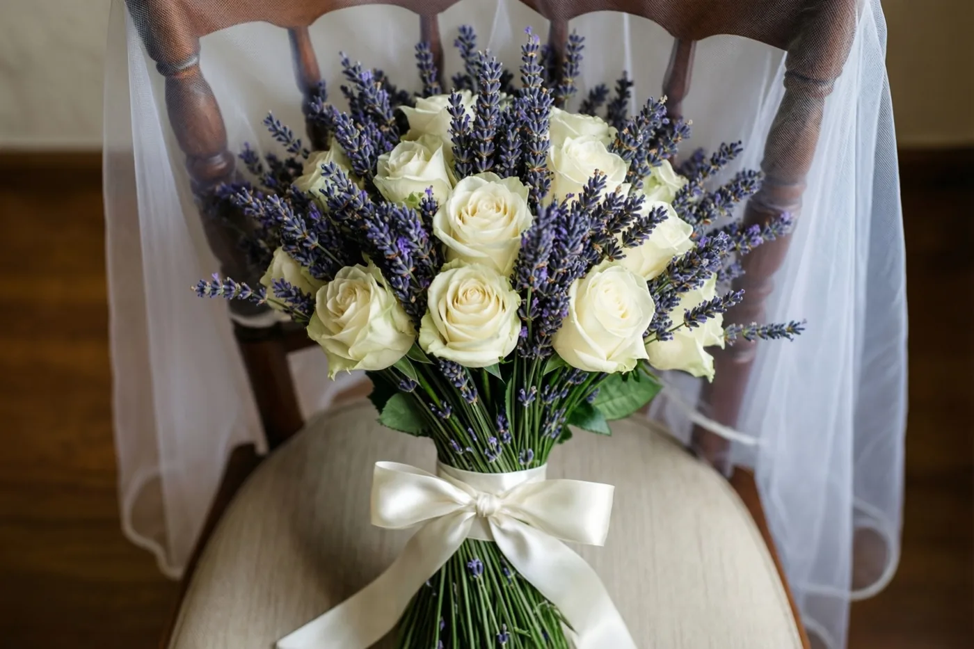 Een boeket witte rozen en lavendel met een satijnen lint ligt op een houten stoel met een witte sluier in een warm verlichte binnenruimte.