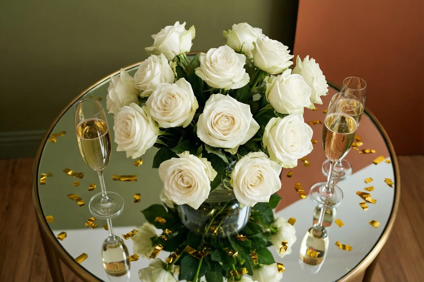 Een boeket witte rozen in een glazen vaas staat op een ronde spiegeltafel met champagneflûtes en gouden confetti, voor groene en terracottakleurige muren.
