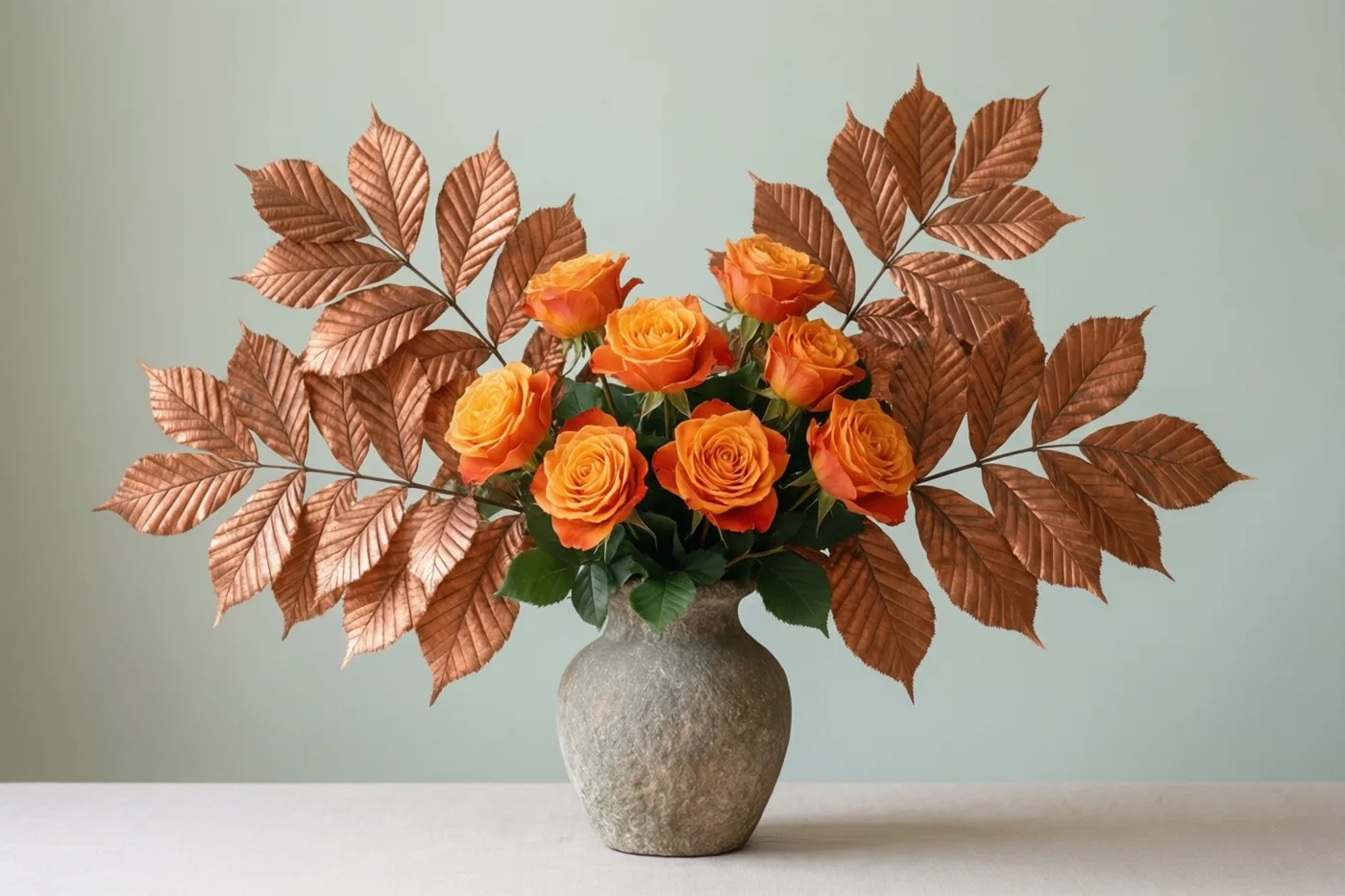 Een stenen vaas met oranje rozen en koperkleurige beukenbladeren staat op een wit oppervlak tegen een effen lichtgroene muur.