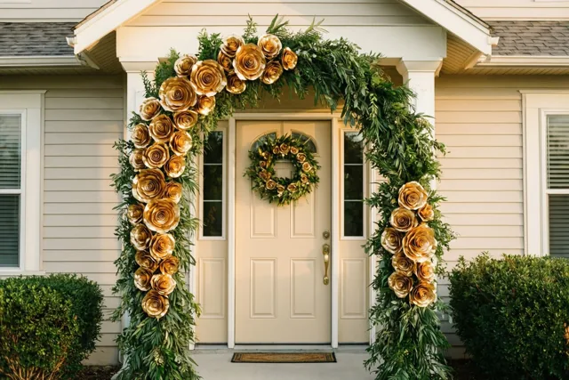 Een voordeur is versierd met een grote boog van groen en gouden papieren rozen, naast beige gevelbekleding en groene struiken.