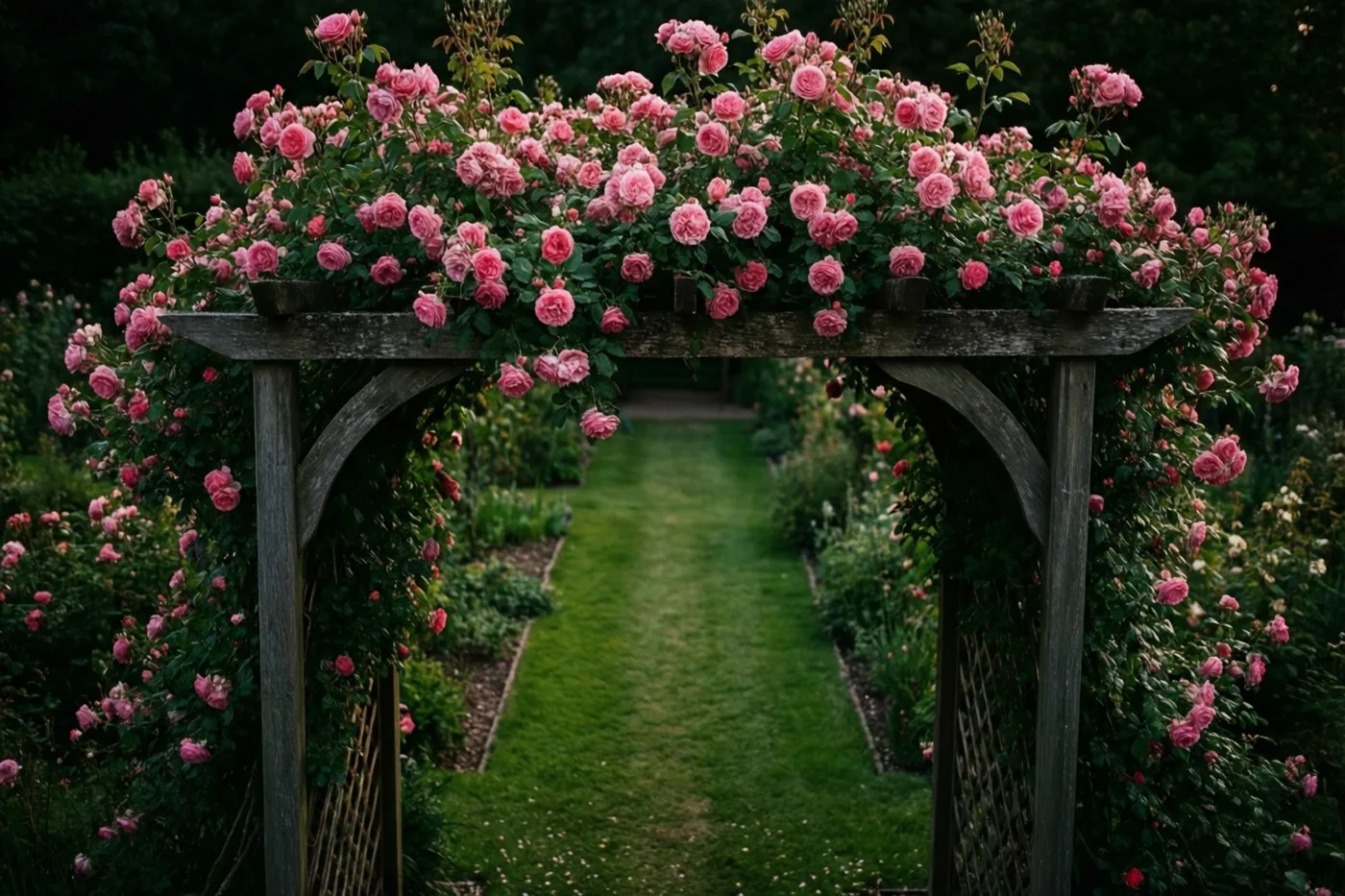 Een houten boog met uitbundig bloeiende roze klimrozen staat over een graspad dat door een groene tuin de verte in loopt.