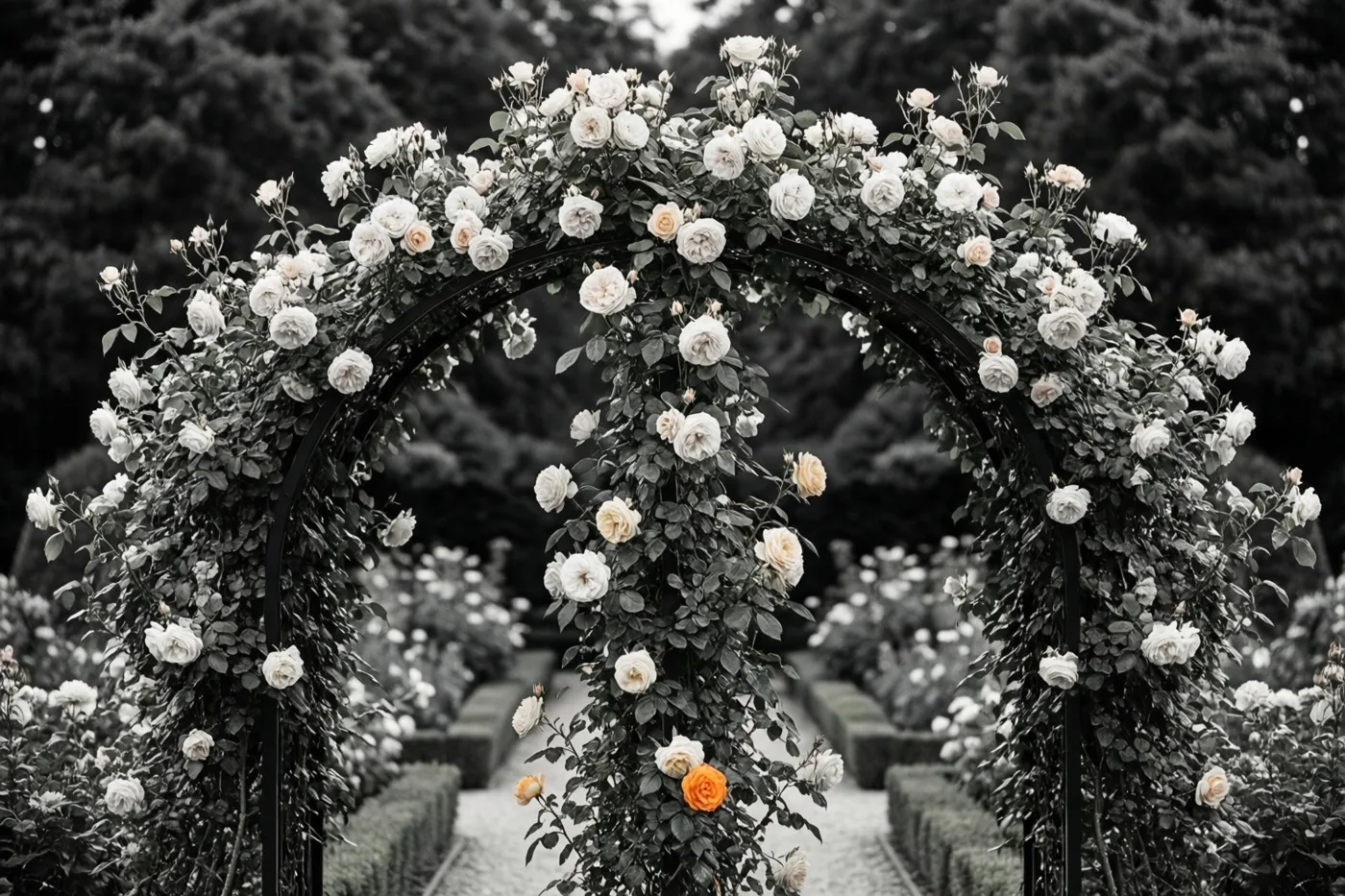 Een zwarte metalen tuinboog is dicht begroeid met klimrozen in een formele tuin met verzorgde hagen en een grindpad.