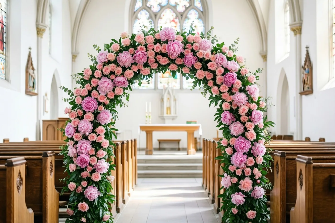 Een boog van roze rozen en pioenen staat tussen houten kerkbanken in zacht licht dat door de glasramen valt.